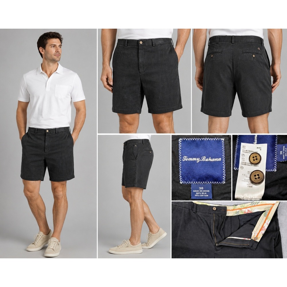 Tommy Bahama Men's Shorts 38 Black Gray 90% Silk 10% Cotton Flat Front Golf